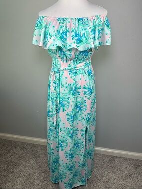 Buddy Love Hot Toddy Off Shoulder Tropical Leaf Maxi Dress Small